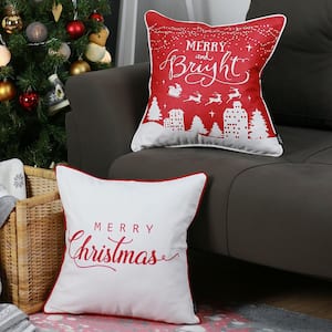 Merry Christmas Decorative Throw Pillow Square 18 in. x 18 in. White and Red for Couch, Bedding (Set of 2)