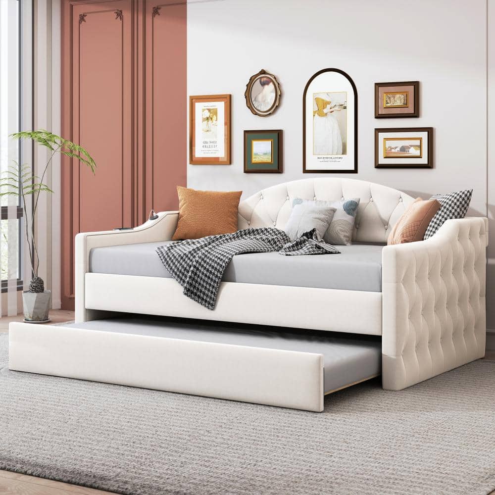 Beige Twin Size Upholstered Daybed with Trundle, USB and Type-C Ports