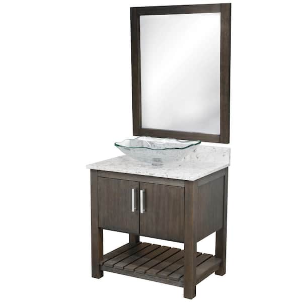 Novatto Ocean Breeze 31 in. W x 22 in. D x 31 in. H 1 Clear Sink BN Bath Vanity in Cafe with Cafe Mocha Quartz Top and Mirror
