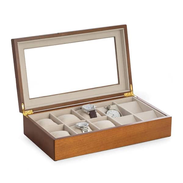 BEY-BERK Cherry Wood 6-Watch and 4-Pocket Watch Storage Box with Glass Top and Soft Velour Lining