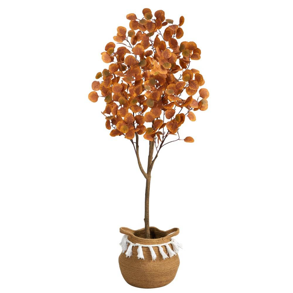 Nearly Natural 5ft. Orange Artificial Autumn Eucalyptus Tree with Handmade Jute and Cotton Basket with Tassels