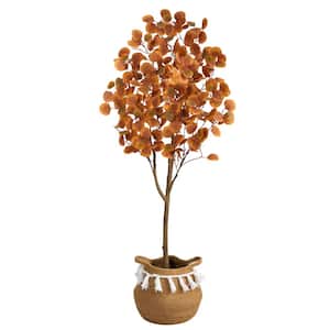 5ft. Orange Artificial Autumn Eucalyptus Tree with Handmade Jute and Cotton Basket with Tassels