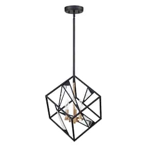 Corrientes 17.52 in. W x 17.52 in. H 3-Light Matte Black/Gold Accent Pendant Light with Open Metal Frame and Clear Glass