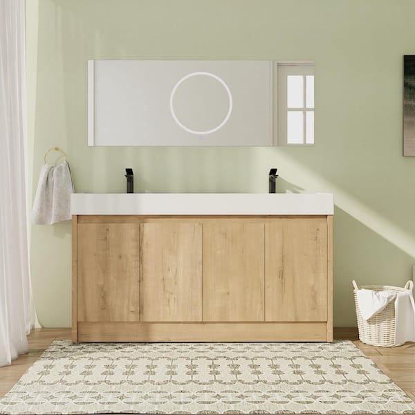 60 in. Freestanding Double Oak Bath Vanity with White Resin Top Unassembled