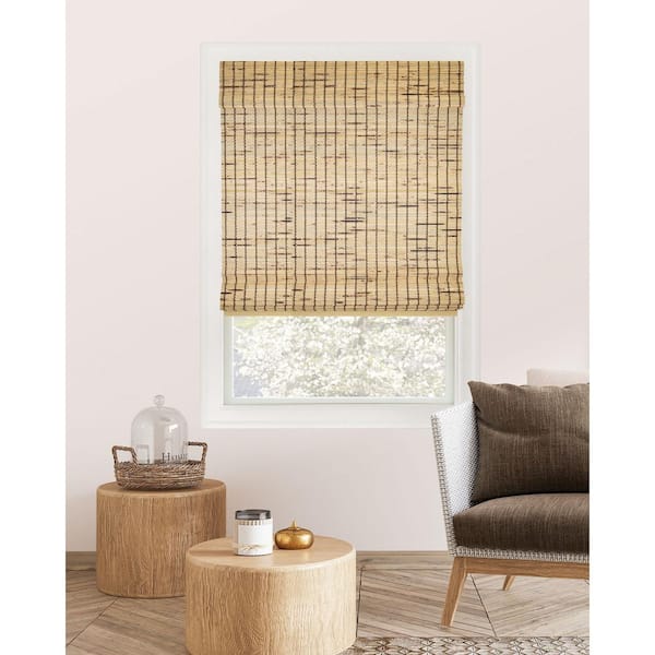 Chicology Premium True-to-Size Brown Tortoise Cordless Light Filtering Natural Woven Bamboo Roman Shade 34 in. W x 64 in. L