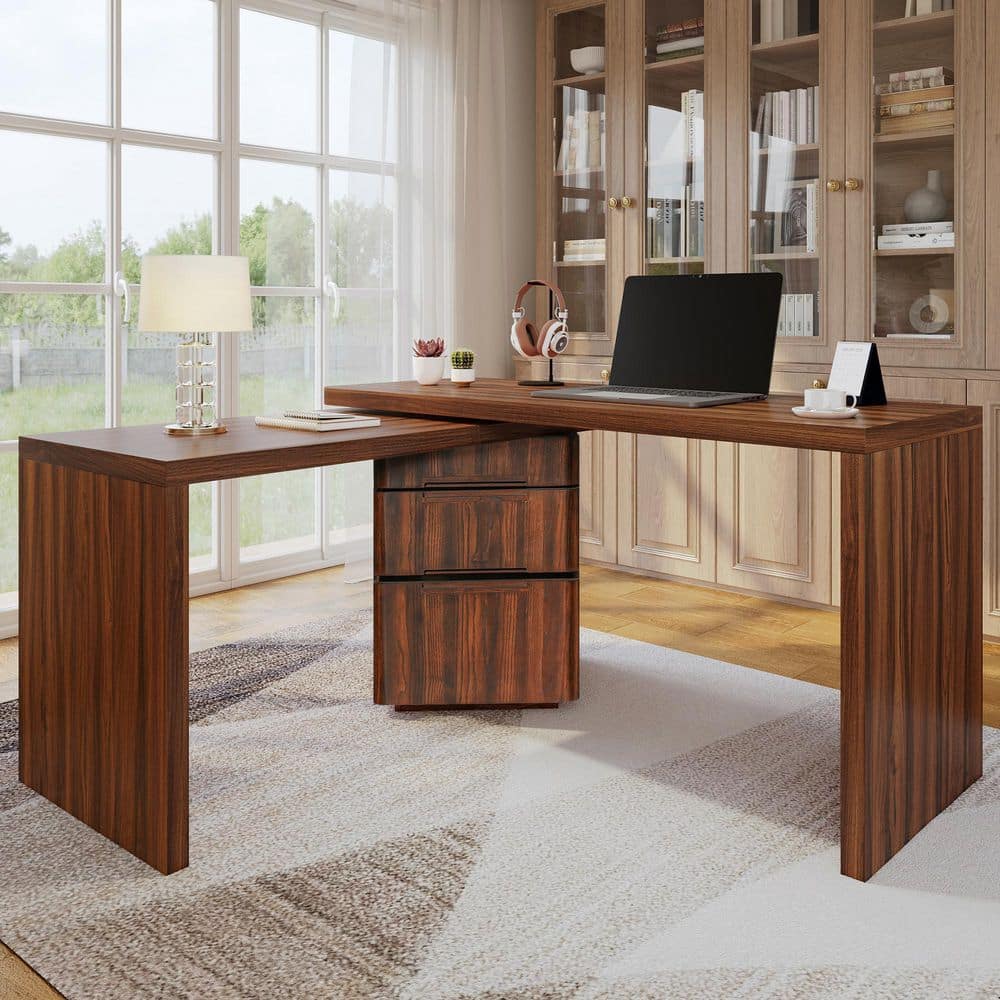 90.3 in. W Walnut L-Shaped Desk with 3 Drawers, 360° Wood Rotating Desk