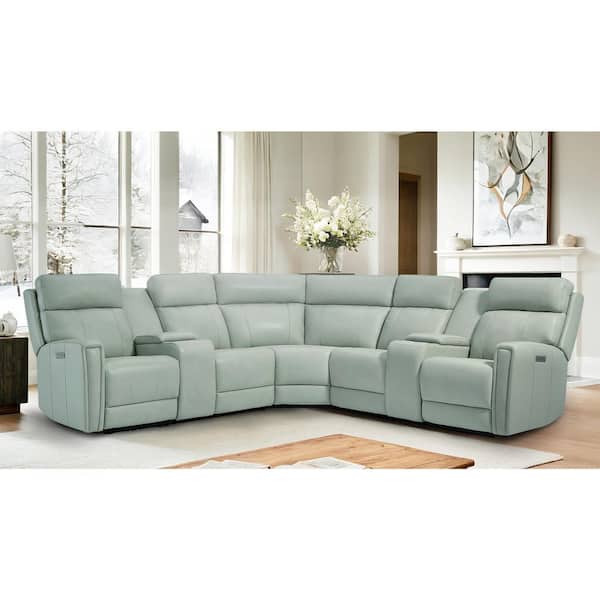 Ellesophas Rhett 116 in. Genuine Leather Power Recliner Sectional Sofa with Zero Gravity, Ajustable Headrest，2 Consoles in SeaFoam