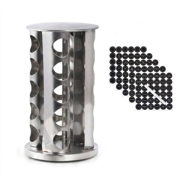 Revolving Stainless Steel Spice Rack with 20 Glass Jars and Labels, 360 Degree Rotating Countertop Organizer