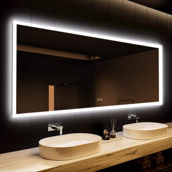 55 in. W x 36 in. H Rectangular Frameless LED Light with 3-Color and Anti-Fog Wall Mounted Bathroom Vanity Mirror