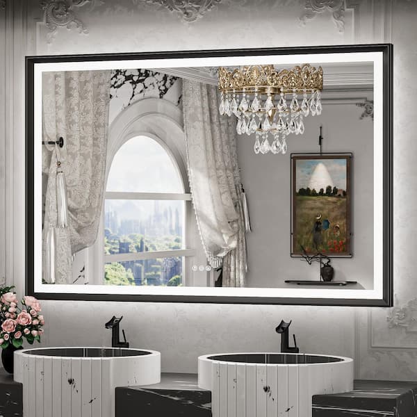 55 in. W x 36 in. H Rectangular Framed LED Lighted Bathroom Vanity Mirror with Light in Black with Backlit and Anti-Fog
