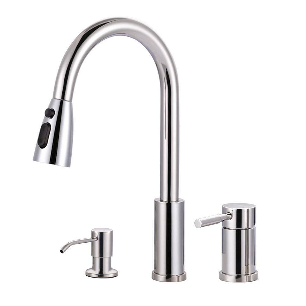15 in. H Single Handle Pull Down Sprayer Kitchen Faucet with Soap Despenser and 360° Swivel Spout in Polished Chrome price history on PriceWatchPro