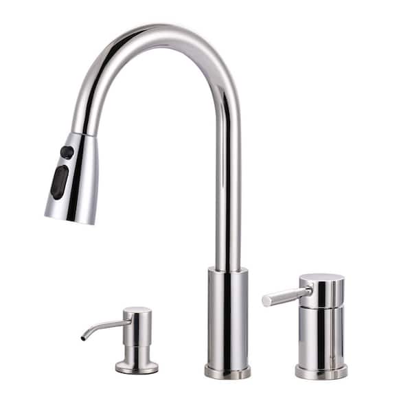 15 in. H Single Handle Pull Down Sprayer Kitchen Faucet with Soap Despenser and 360° Swivel Spout in Polished Chrome