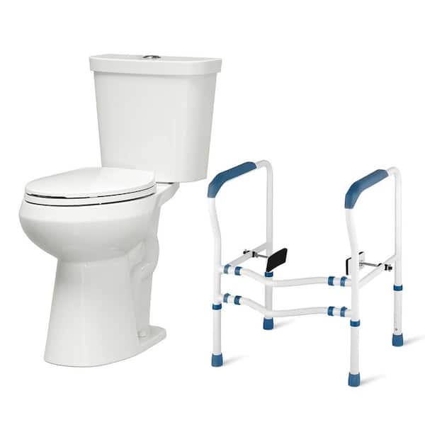 19 in. Tall 2-Piece 1.1/1.6 GPF Dual Flush Elongated Toilet with Toilet Safety Rail with Adjustable Height in White