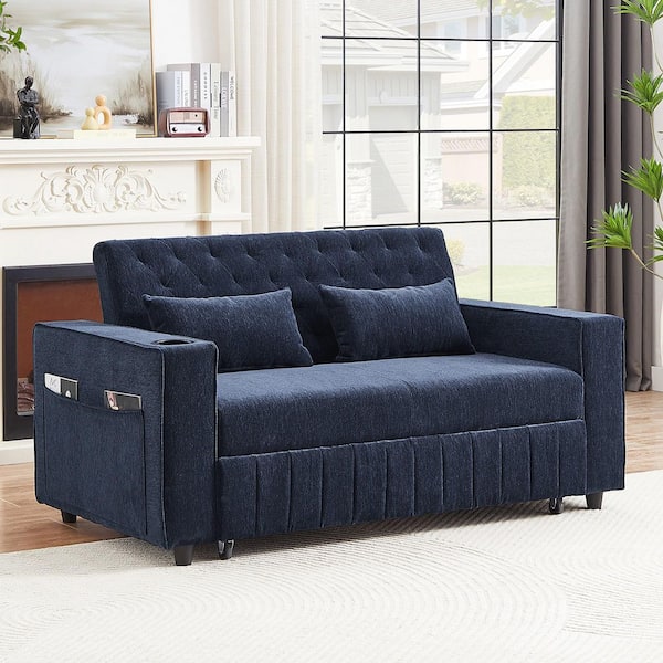 32.48 in. Blue Chenille 2-Seater Pull-Out Full Size Sofa Bed Convertible Couch with Adjustable Backrest