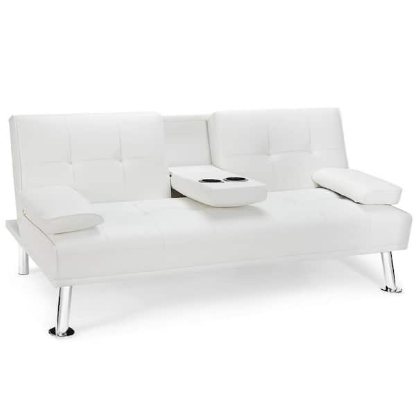 Forclover 66 In White Pu Leather, Faux Leather Loveseat Twin Sleeper Sofa