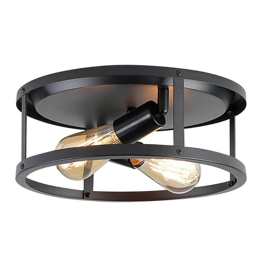 HKMGT 12.7 in. 2-Light Farmhouse Black Flush Mount Ceiling Light