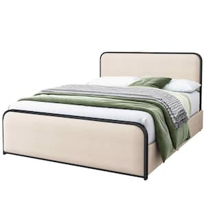 Beige Metal Frame Queen Platform Bed with Curved Upholstered Headboard and Footboard Bed with 4 Storage Drawers