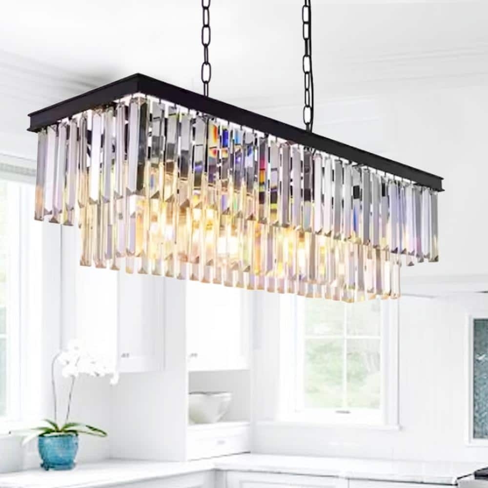 Sefinn Four Modern 8-Light Rectangle Black Crystal Chandelier for