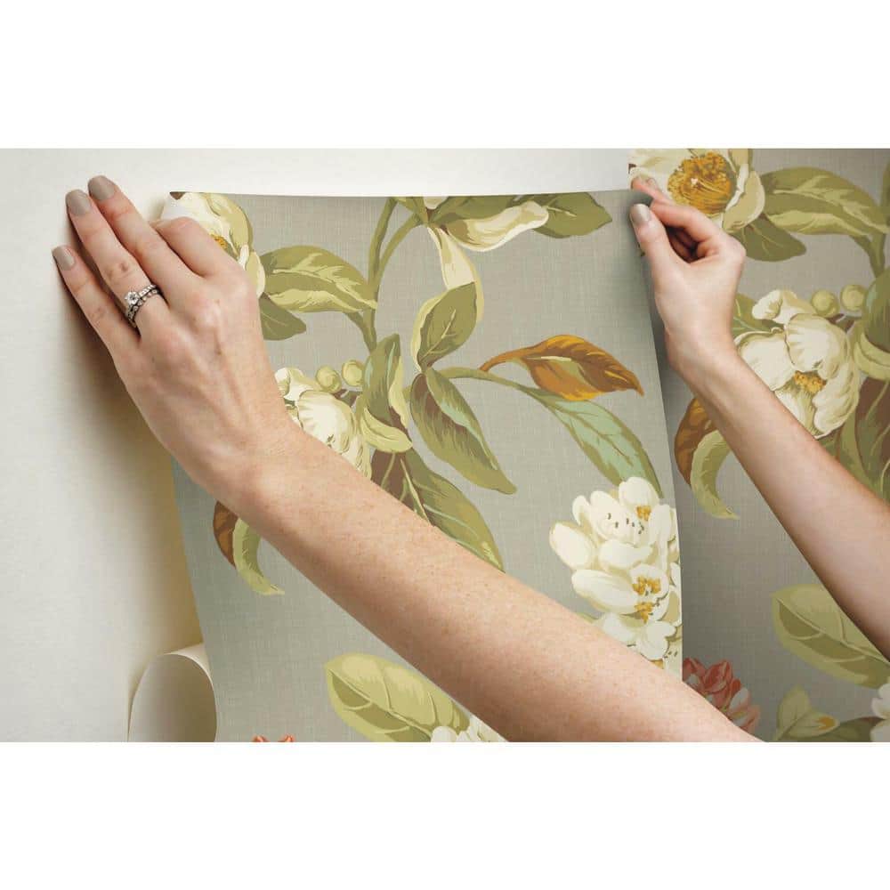 Taupe and Green Floral Peel and Stick Wallpaper Roll
