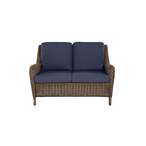 Cambridge Brown Wicker Outdoor Patio Loveseat with CushionGuard Midnight Navy Blue Cushions