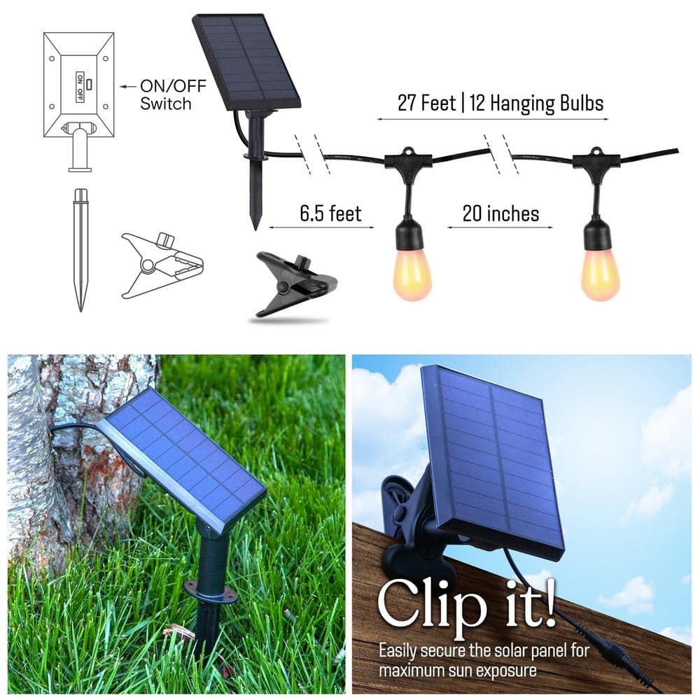 Warm White Solar Powered LED Outdoor String Lights with Flame Bulbs