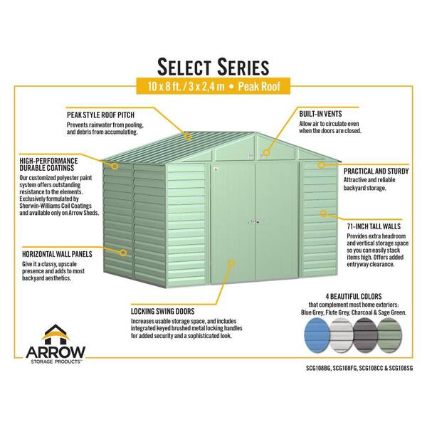 Arrow Select 10 ft. W x 8 ft. D Charcoal Metal Shed 74 sq. ft