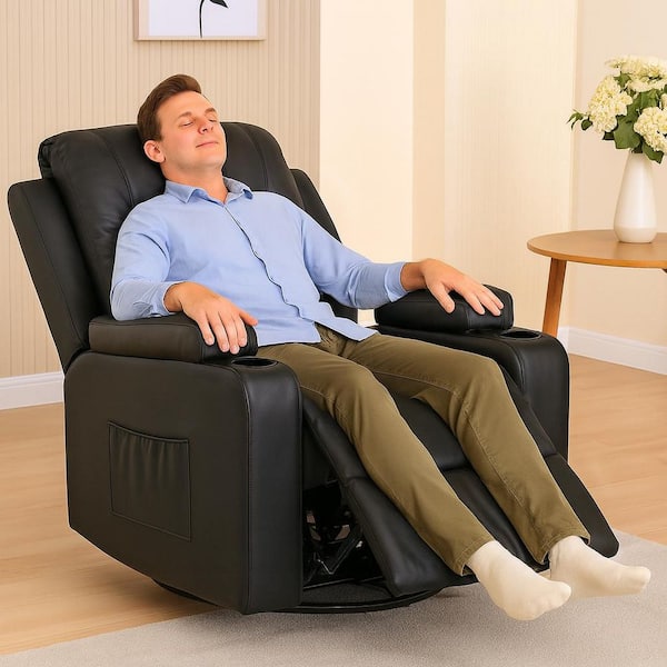 Black Recliner Chair Faux Leather Rocking Chair with Cup Holders Swivel Recliner with Side Pockets Media Chair