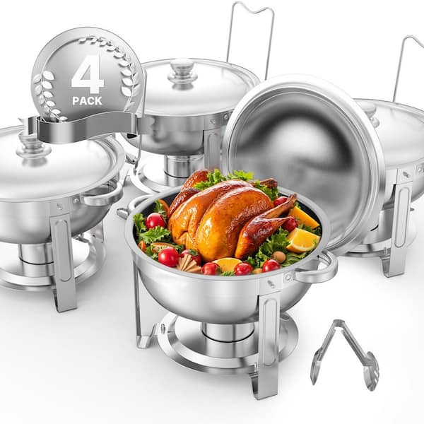 Chafing Dish Buffet Set, 5 qt. 4-Pack, Silver, Stainless Steel Chafing Dishes and Accessories, Round Catering Warmer