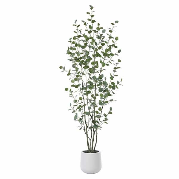 DR.Planzen 7 ft. Artificial Eucalyptus Tree with Oval White Planter, Pre Potted Artificial Eucalyptus Plant for Home Decor