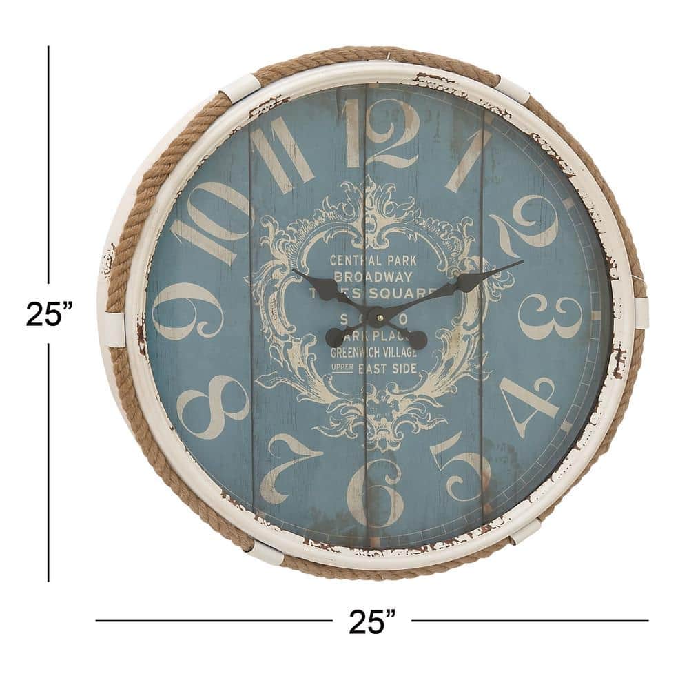 Coastal Blue and White Round Metal Wall Clock with Rope Accent, 25"