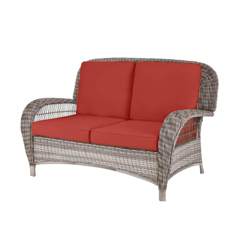 Hampton Bay Beacon Park Gray Wicker Outdoor Patio Loveseat with CushionGuard Chili Red Cushions -  H025-01193800