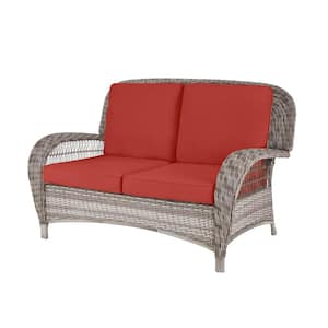 Beacon Park Gray Wicker Outdoor Patio Loveseat with CushionGuard Chili Red Cushions