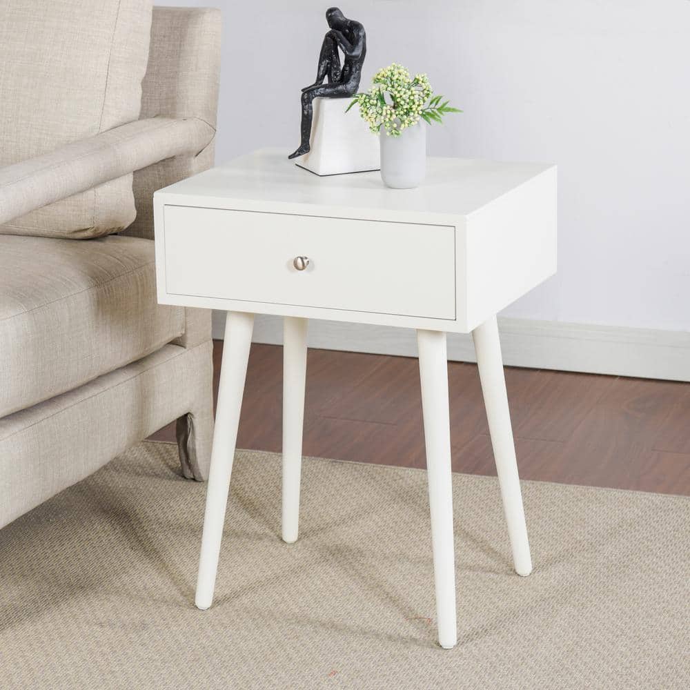Arthur 17.75 in. Farmhouse White Rectangle Wood End Table with Storage