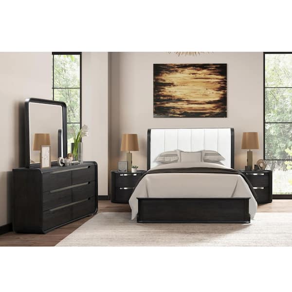 Furniture of America Wilter 5-Piece Black Wood Frame Queen Panel Bedroom Set with Padded Curved Headboard and Nickel Stainless Steel Trim