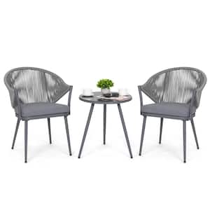 3-Piece Woven Rope Aluminum Patio Conversation Set Outdoor Bistro Set with Gray Cushion