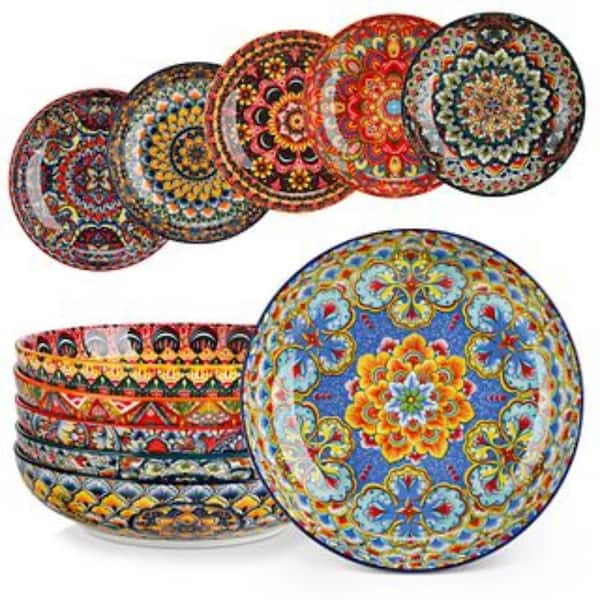 38 fl. oz. Multi-Colored Porcelain Pasta Bowls Set of 6 Soup Bowl Double-Sided Pattern Salad Bowl Kitchen Serving Plates