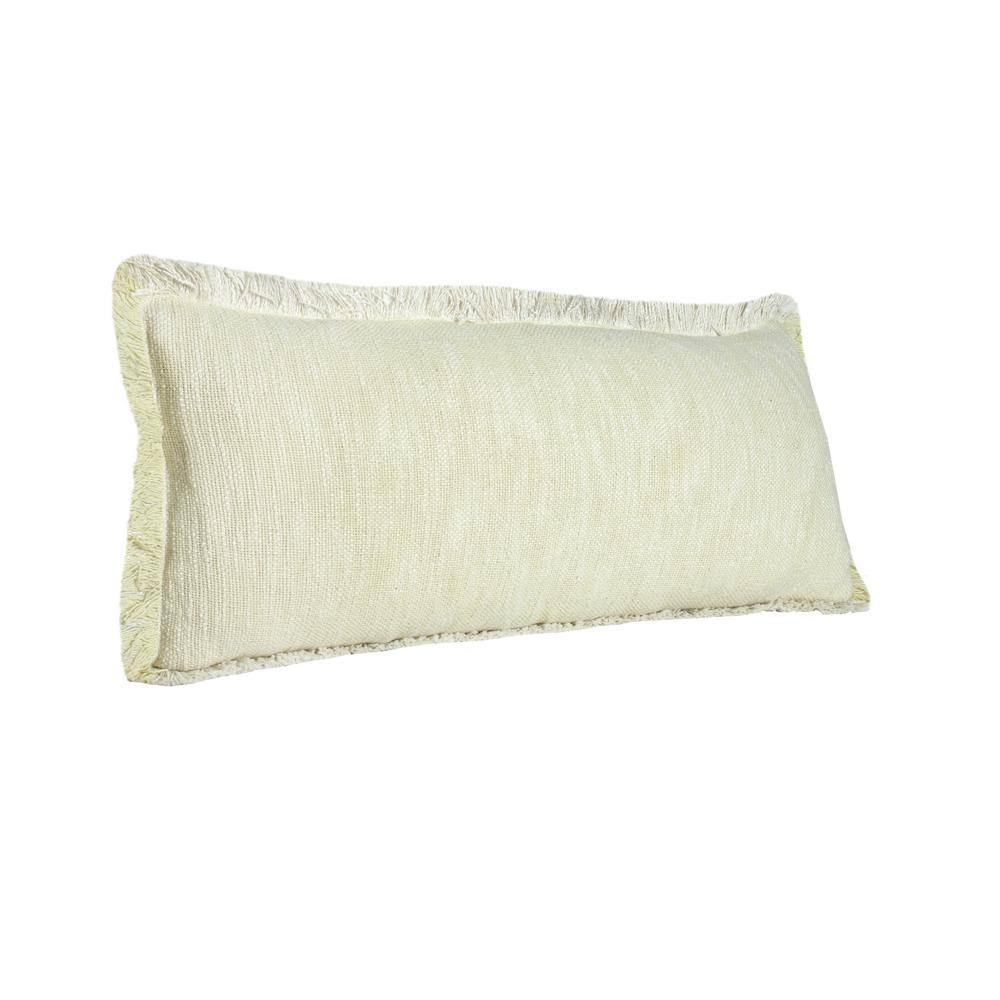 Yellow and White Cotton Rectangular Lumbar Throw Pillow with Fringe