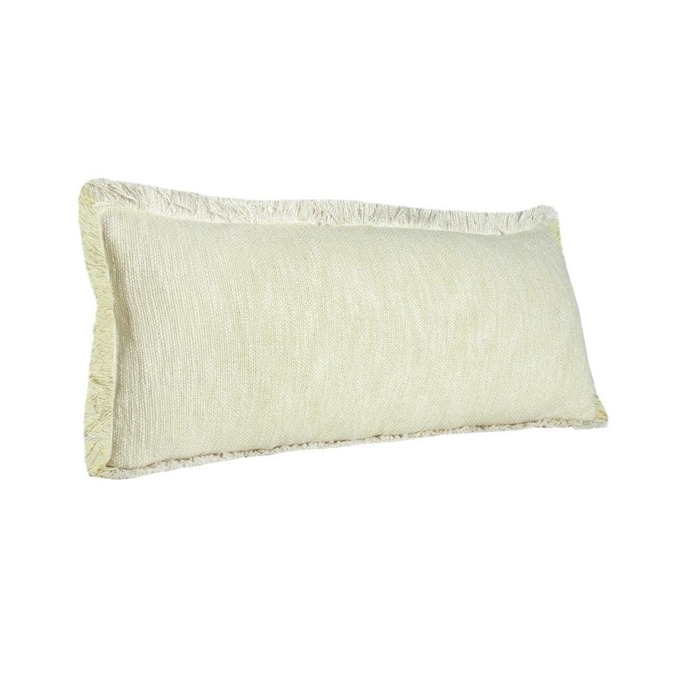 Yellow and White Cotton Rectangular Lumbar Throw Pillow with Fringe