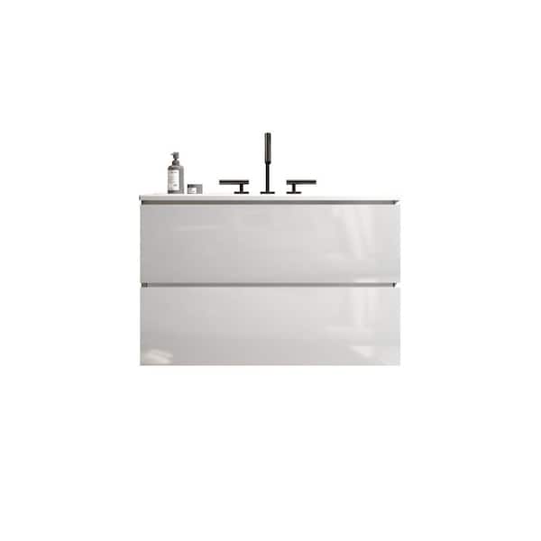 30 in. Single Sink Floating White Bath Vanity with White Ceramic Top (Assembled), DTC Soft-closing Drawers