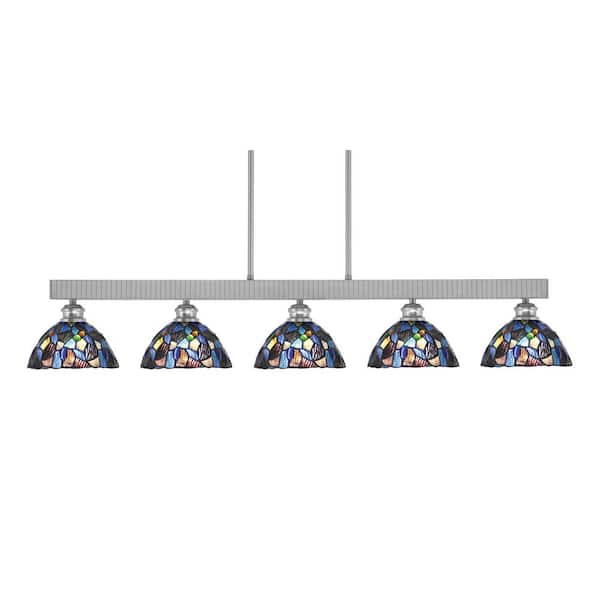 Unbranded Albany 60-Watt 5-Light Brushed Nickel Linear Pendant Light with Blue Mosaic Art Glass Shades and No Bulbs Included