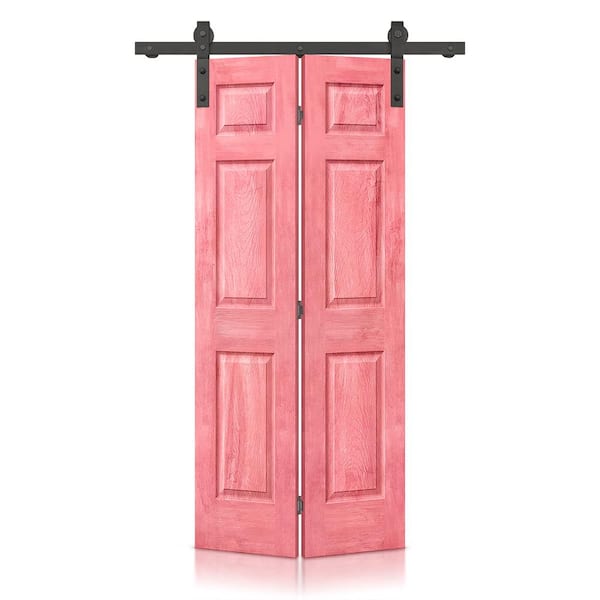 CALHOME 24 in. x 80 in. Antique Red Stain 6 Panel MDF Composite Hollow Core Bi-Fold Barn Door with Sliding Hardware Kit