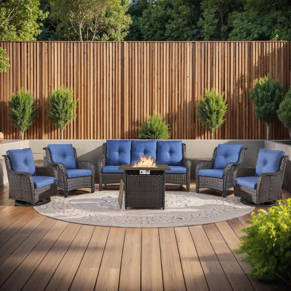 moosprr 6-Piece Brown Wicker Fire Pit Conversation Set with Olefin Blue Cushions and 2 Swivel Glider/ 2 Lounge Chairs and Couch
