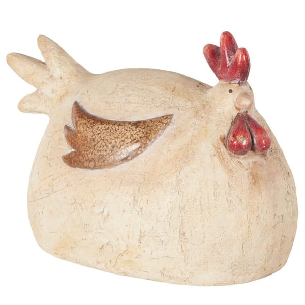 Litton Lane 10 in. Magnesium Oxide Sitting Rooster Garden Sculpture with Brown and Red Accents