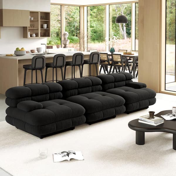 Magic Home Vintage 109 in. Square Arm 3-Piece Velvet Curved Soriana Sectional Sofa in Black