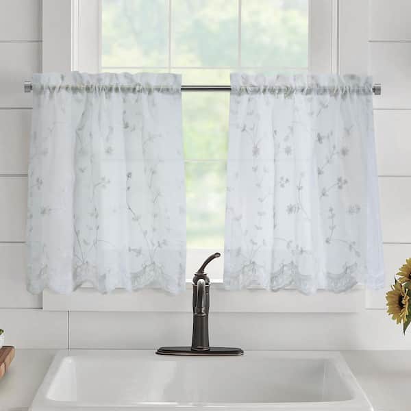Grandeur White Polyester Embroidered 52 in. W x 36 in. L Rod Pocket Indoor Sheer Tiers (2-piece Curtain Tiers)