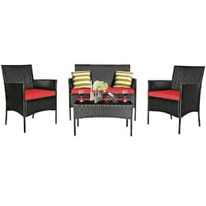 4-Piece Wicker Patio Conversation Set with Red Cushions