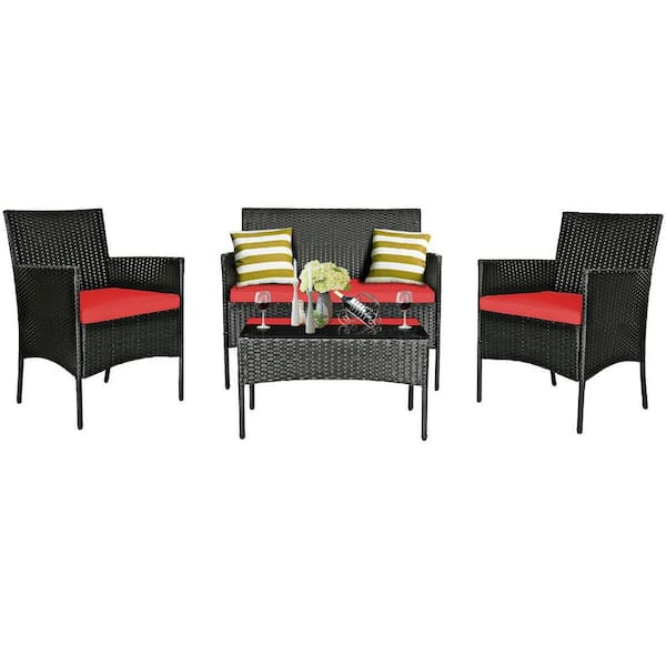 FORCLOVER 4-Piece Wicker Patio Conversation Set with Red Cushions