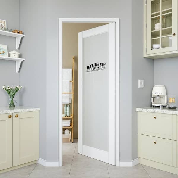 30 in. x 80 in. 1-Lite Tempered Frosted Glass White Primed Solid MDF Interior Door Slab with Peel Sticker (Bathroom)