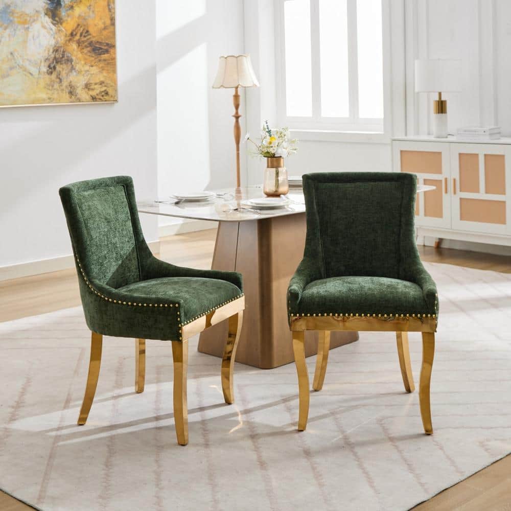 Olive Green Chenille Dining Chairs – Set of 2, Gold-Plated Curved Legs with Rivet Trim & Textured Upholstery price history on PriceWatchPro