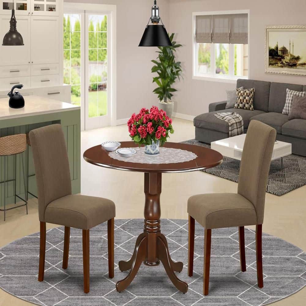 Mahogany Round Dining Table Set with Coffee Linen Chairs